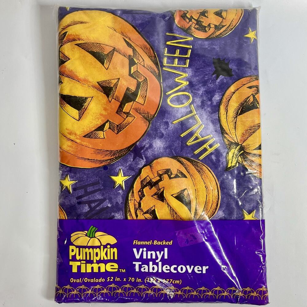 Vintage Vinyl Table Cloth W/ Flannel Back Halloween Jack-o’-lantern Stars NEW